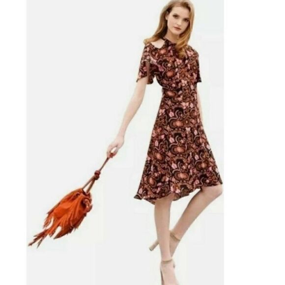 A.L.C. Emile Silk Floral Silk Cold-Shoulder Dress, Black/Henna/Pink Size 2 - Picture 3 of 12